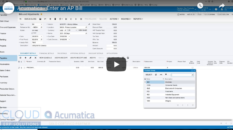 How to Create an AP Bill in Acumatica 2/11/19