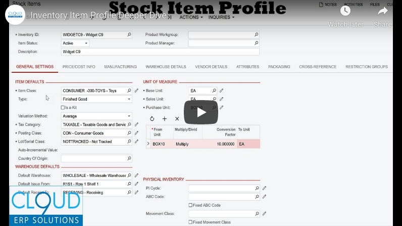 Setting Up an Inventory Item in Acumatica 6/04/19