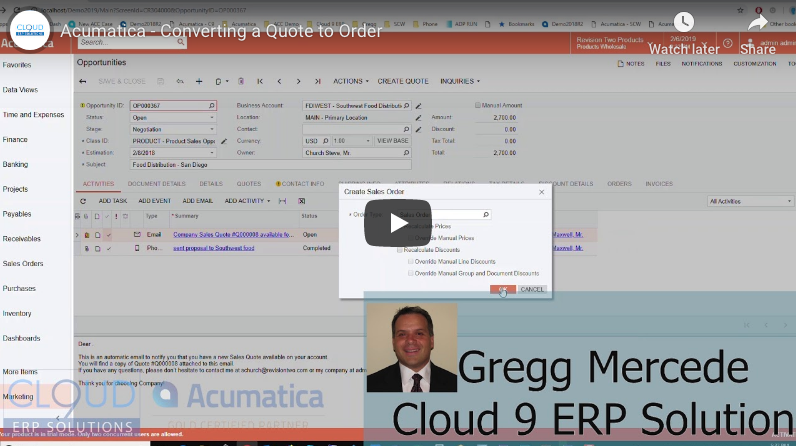How to Convert a Quote to a Sales Order in Acumatica 2/08/19